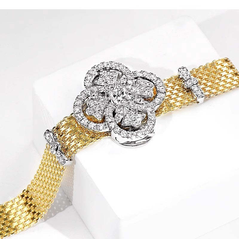 Italian imported lace craft retro palace style four-leaf clover bracelet light luxury high-end two-color gold inlaid diamond female-Mix MIx Style