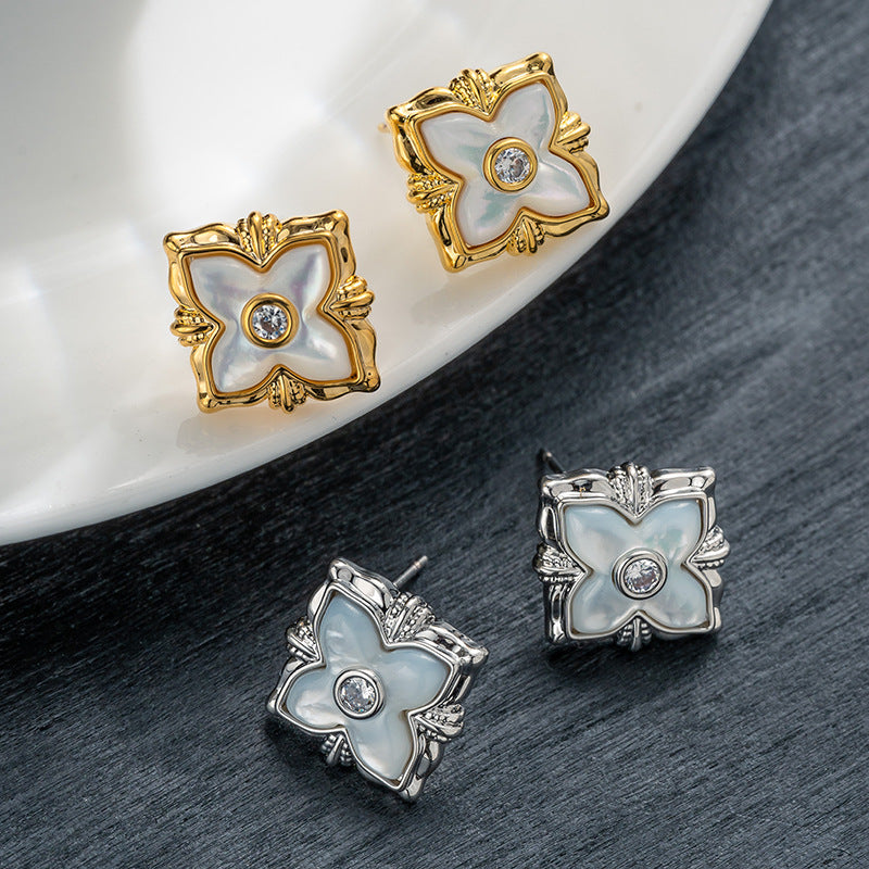 Four-leaf clover earrings for women French light luxury mother-of-pearl diamond fashion earrings 925 silver needle temperament high-end ear jewelry-Mix MIx Style