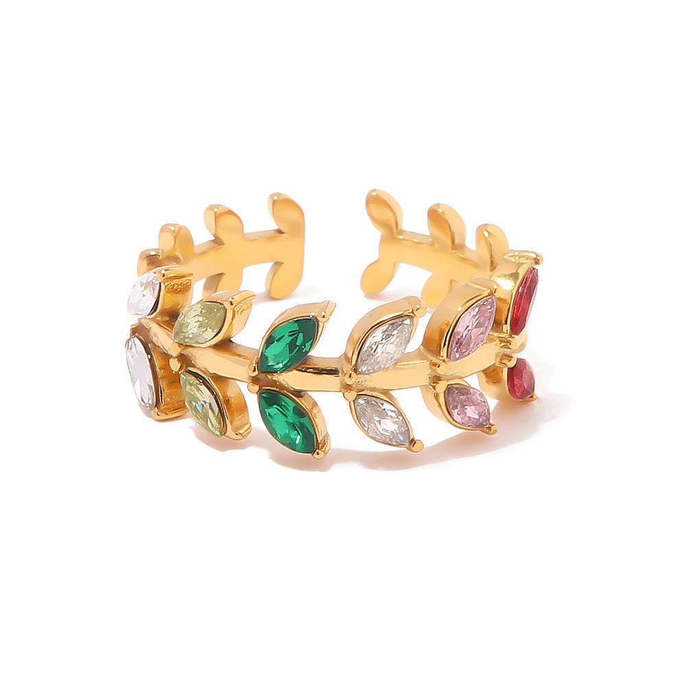 INS Internet celebrity 18K gold-plated European and American inlaid zircon leaf open ring female fashion all-match titanium steel ring-Mix MIx Style