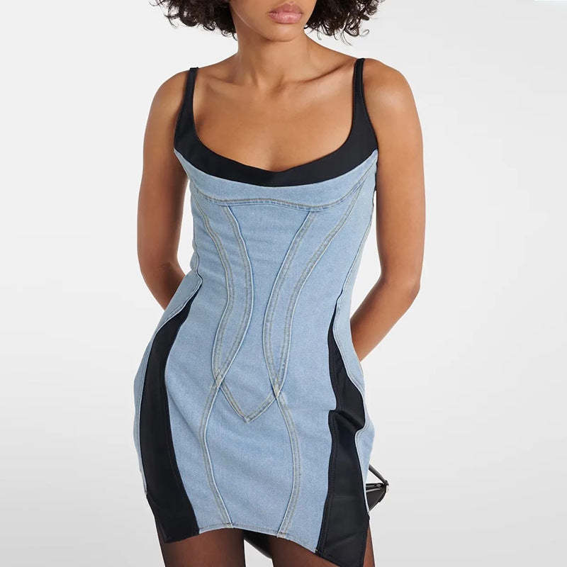 black & blue strpy square neck irregular suspender denim summer casual mini dress | Mix Mix Style-Mix MIx Style