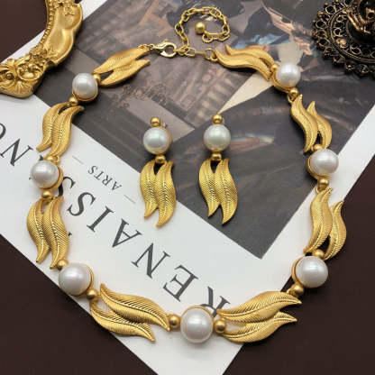 Vintage akoya pearl 18k gold plated necklace earrings set  | Mix Mix Style [Hot Seller]-Mix MIx Style