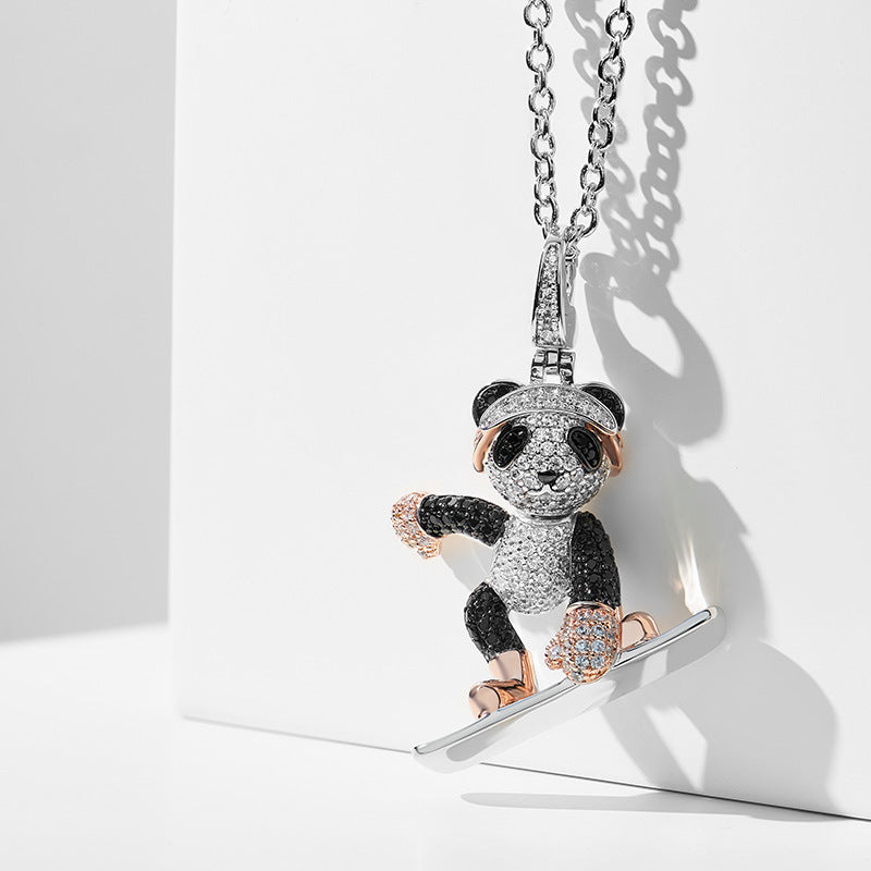 Autumn and winter new skateboard 3ct bear necklace gold-plated 3D three-dimensional ski bear pendant for men and women, trendy red panda necklace-Mix MIx Style