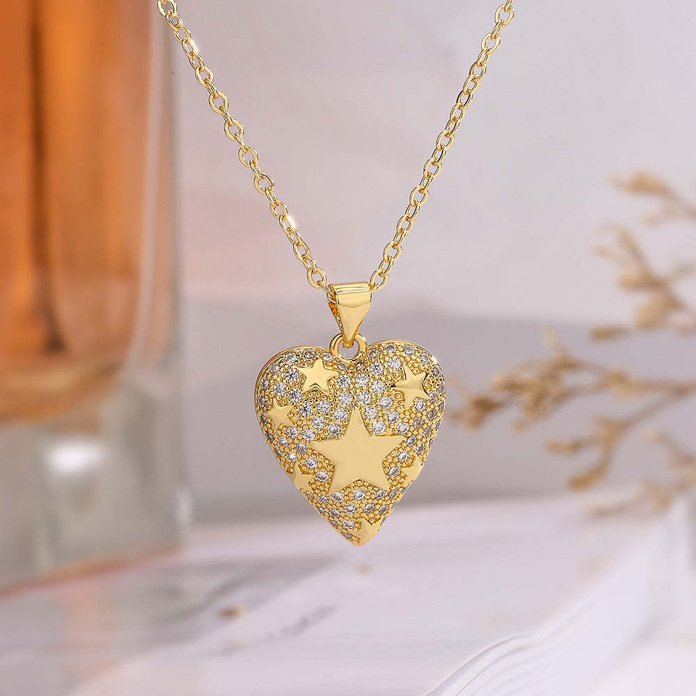 Heart Star Vintage Solid Pendant Diamonate Luxury 18k Gold Plated Necklace Jewelry | Mix Mix Style-Mix MIx Style