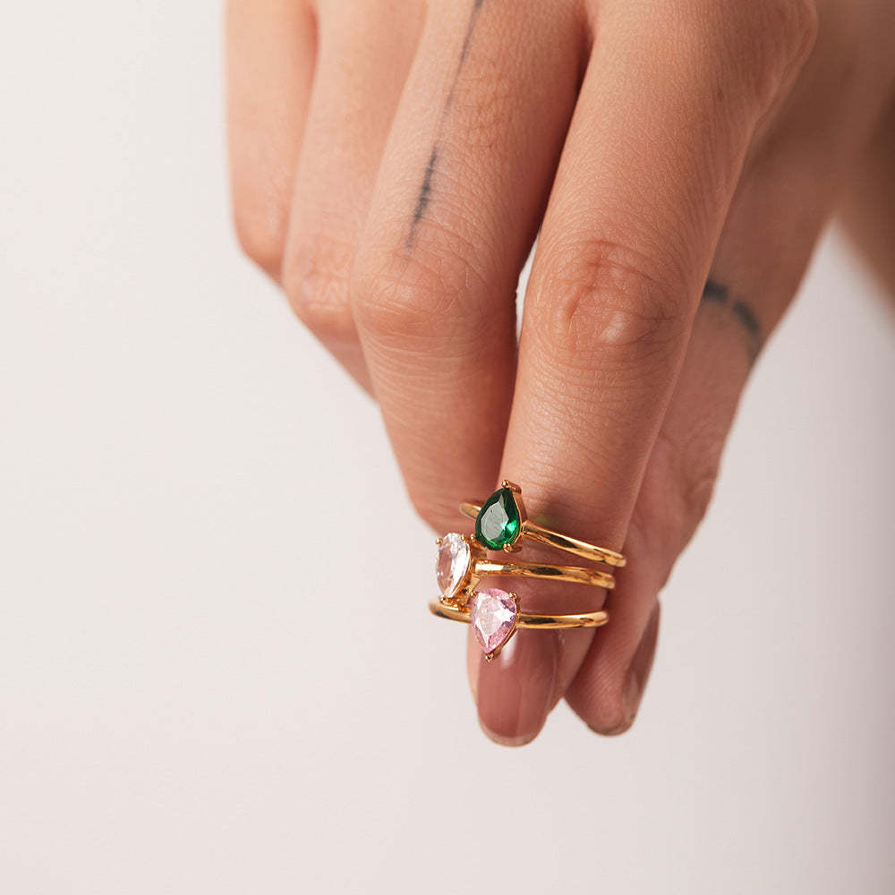 INS French fine titanium steel ring 18K gold white/green/pink teardrop-shaped zircon adjustable ring-Mix MIx Style