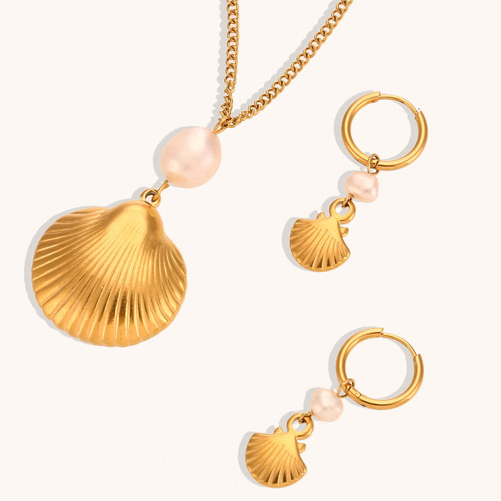 Seashell Retro Classic Akoya Pearl Pendant Luxury 18k Vermeil Gold Plated Necklace Earring Jewelry Set | Mix Mix Style-Mix MIx Style