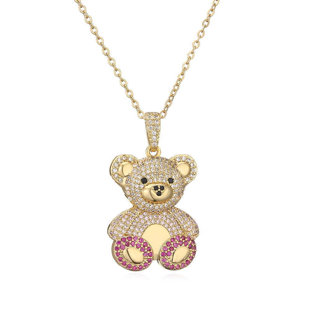 Teddy Bear Vintage Pendant Pink Diamonds Luxury 18k Vermeil Gold Plated Necklace Jewelry | Mix Mix Style-Mix MIx Style