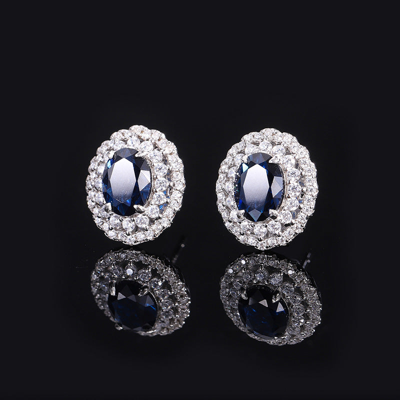 S925 silver European and American fashion set Douyin hot sale simulated sapphire blue dan-shaped pendant ring 16*12 earrings 6*8-Mix MIx Style