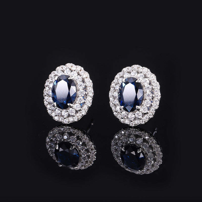 S925 silver European and American fashion set Douyin hot sale simulated sapphire blue dan-shaped pendant ring 16*12 earrings 6*8-Mix MIx Style