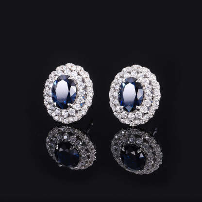 S925 silver European and American fashion set Douyin hot sale simulated sapphire blue dan-shaped pendant ring 16*12 earrings 6*8-Mix MIx Style