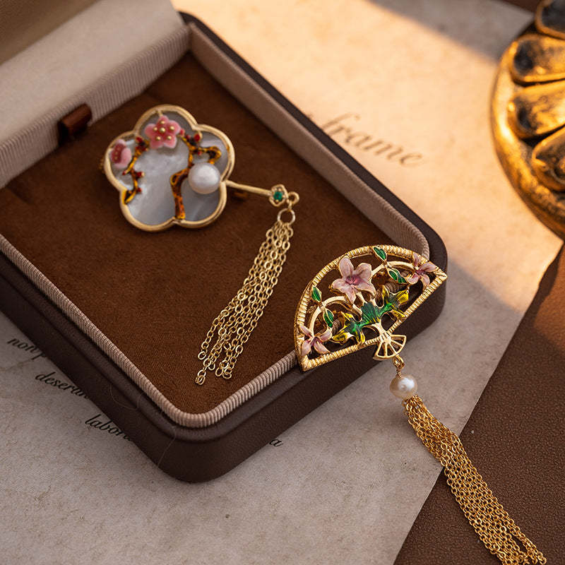 Retro long tassel brooch for women, palace style, natural pearl, abalone and shell, medieval corsage, elegant clothing accessories-Mix MIx Style