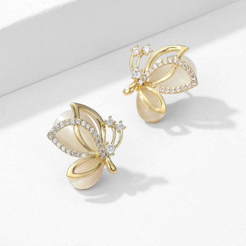 s925 silver needle niche temperament fashion high-end new earrings super fairy sweet temperament cat's eye stone butterfly earrings-Mix MIx Style