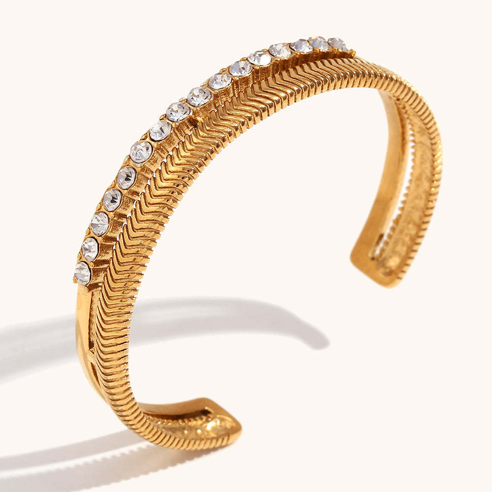 European and American cross-border double-layer diamond-studded herringbone pattern open bracelet stainless steel gold-plated retro holiday style hand jewelry-Mix MIx Style