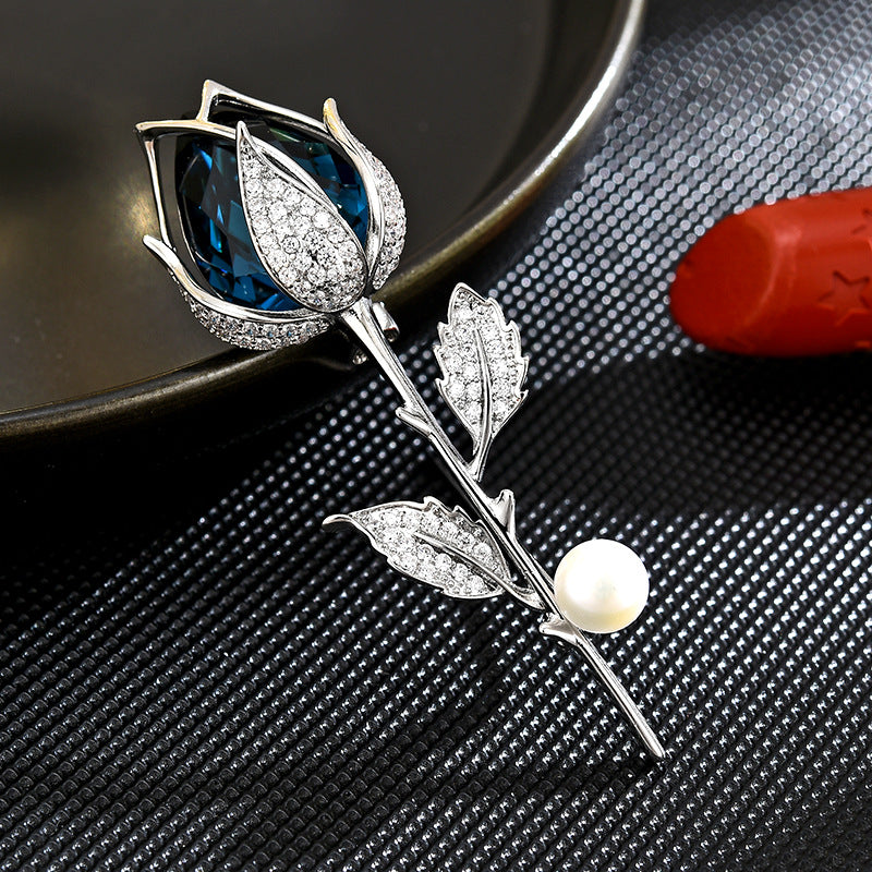 2023 Light luxury high-end crystal rose brooch zircon tulip suit accessories corsage pearl temperament brooch-Mix MIx Style