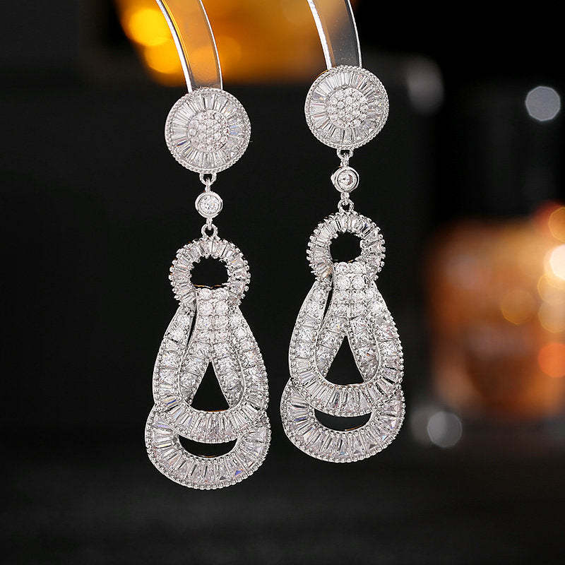 s925 silver needle zircon inlaid design knot earrings light luxury long wedding banquet high-end earrings wholesale-Mix MIx Style