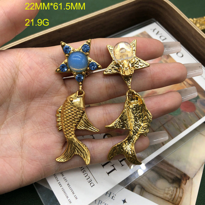 Blue Star Goldfish Shaped Pendant Moissanite Diamonds 18k Vermeil Gold Plated Drop Earrings | Mix Mix Style-Mix MIx Style