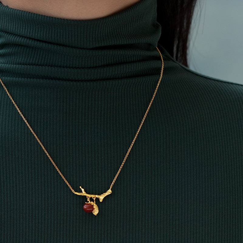 Red Retro Fruit Branch Leaf Pendant Gemstone Elegant 18k Vermeil Gold Plated Necklace Jewelry | Mix Mix Style-Mix MIx Style