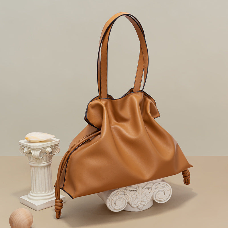Bags new cowhide blessing bag leather women's bag pleated shoulder bag drawstring large bag | Mix Mix Style [Hot Seller]-Mix MIx Style