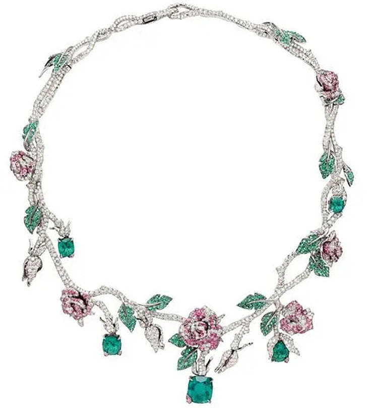 Pink Flowers & Green Leafs Vintage Retro Diamonate Luxury 18k Gold Plated Necklace & Earring Jewelry Set | Mix Mix Style-Mix MIx Style