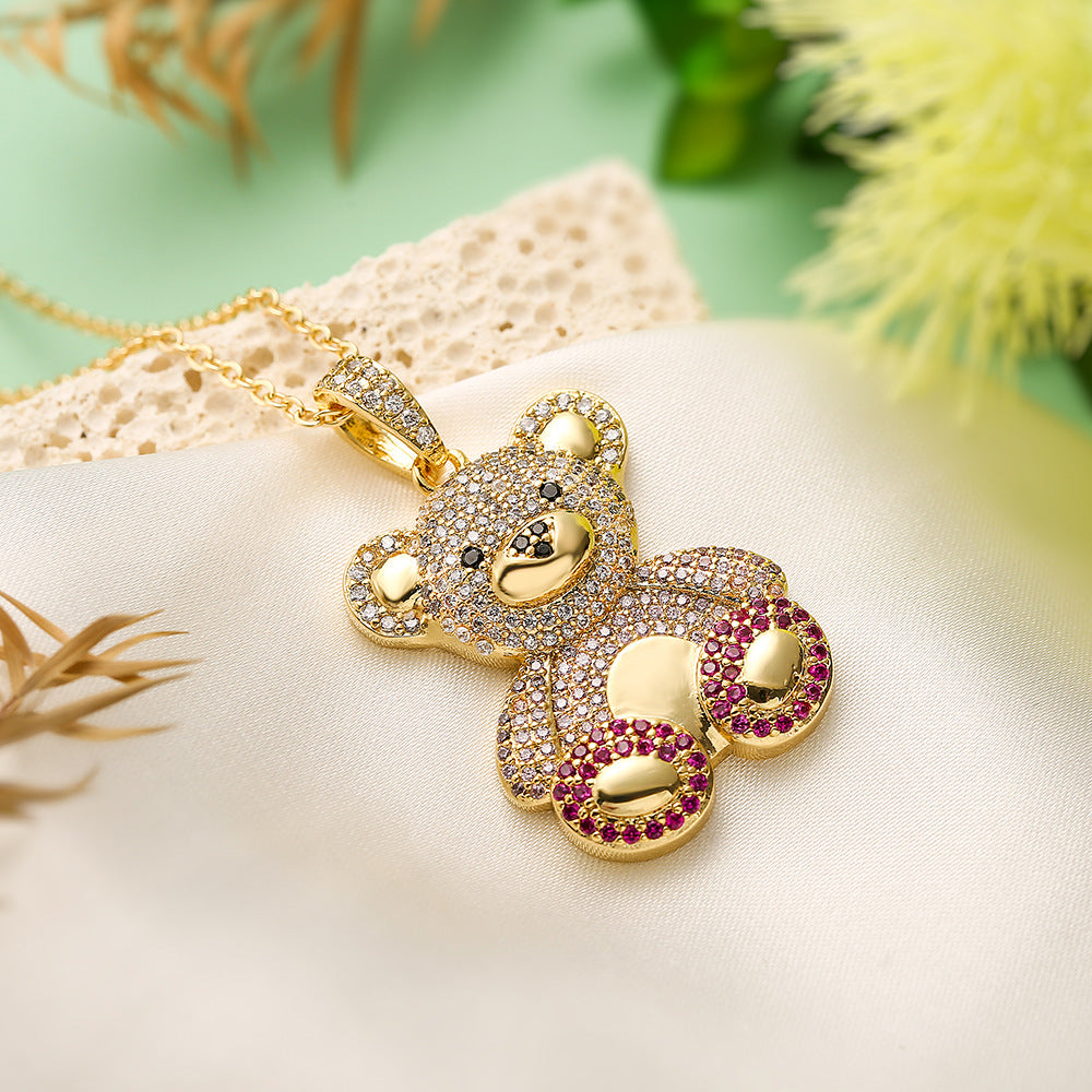 Teddy Bear Vintage Pendant Pink Diamonds Luxury 18k Vermeil Gold Plated Necklace Jewelry | Mix Mix Style-Mix MIx Style