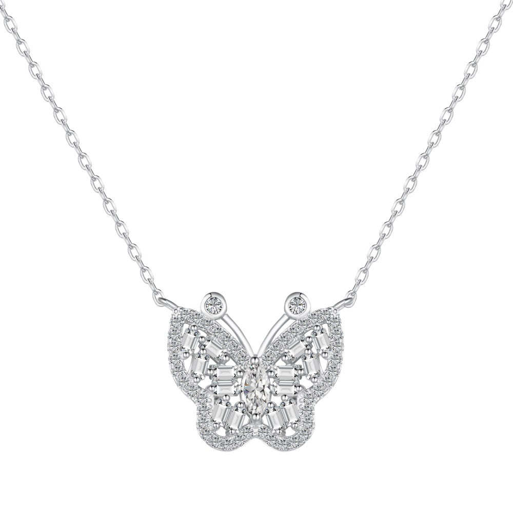 S925 sterling silver butterfly necklace women's marquise-shaped rectangular inlaid butterfly design exquisite clavicle chain neck accessories-Mix MIx Style