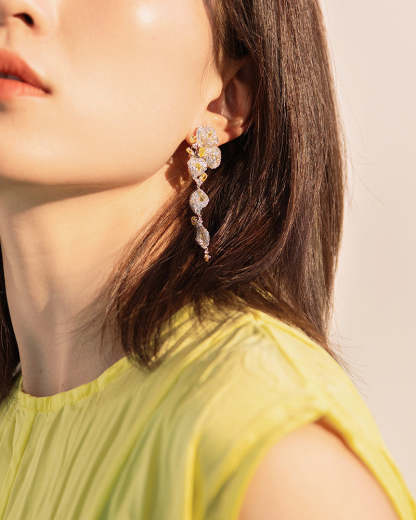 Leafs Embellished Trendy White Moissanite Diamonds Luxury 18k Vermeil Gold Plated Stud/Drop Earrings | Mix Mix Style-Mix MIx Style