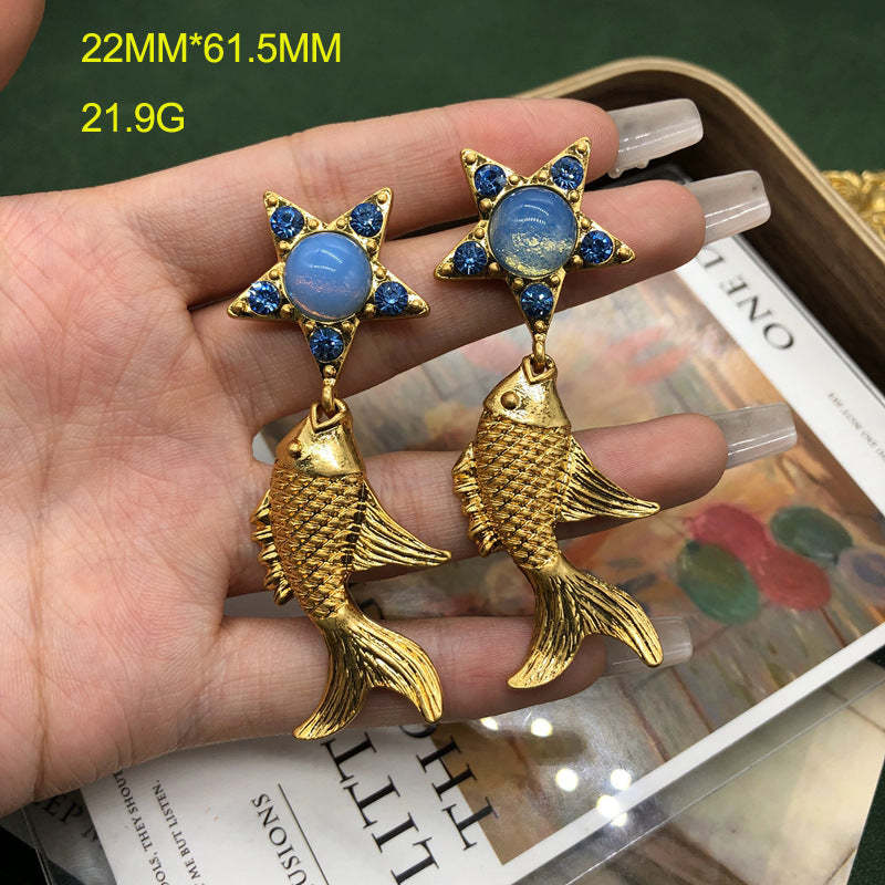 Blue Star Goldfish Shaped Pendant Moissanite Diamonds 18k Vermeil Gold Plated Drop Earrings | Mix Mix Style-Mix MIx Style