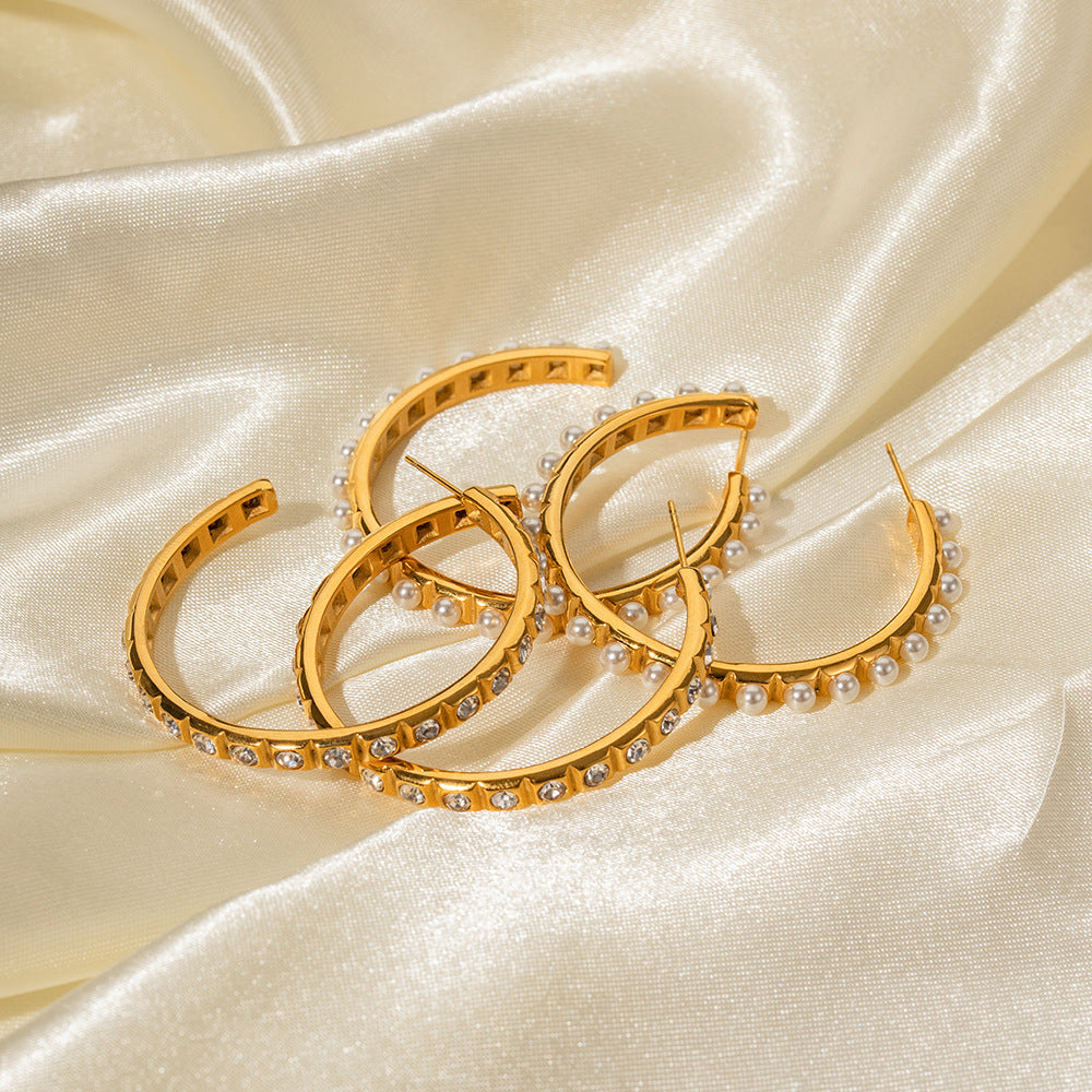 Classic White Akoya Pearls & Moissanite Diamonds Elegant 18k Vermeil Gold Plated Vintage Retro Hoop Earrings | Mix Mix Style-Mix MIx Style