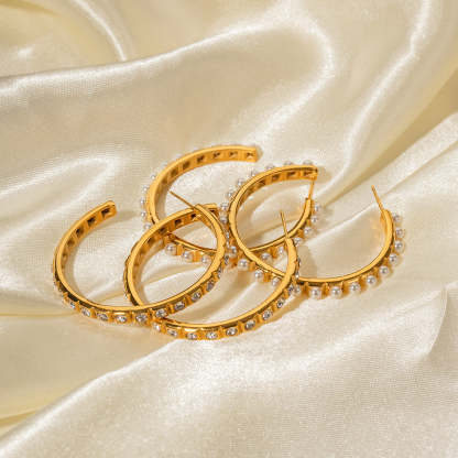 Classic White Akoya Pearls & Moissanite Diamonds Elegant 18k Vermeil Gold Plated Vintage Retro Hoop Earrings | Mix Mix Style-Mix MIx Style