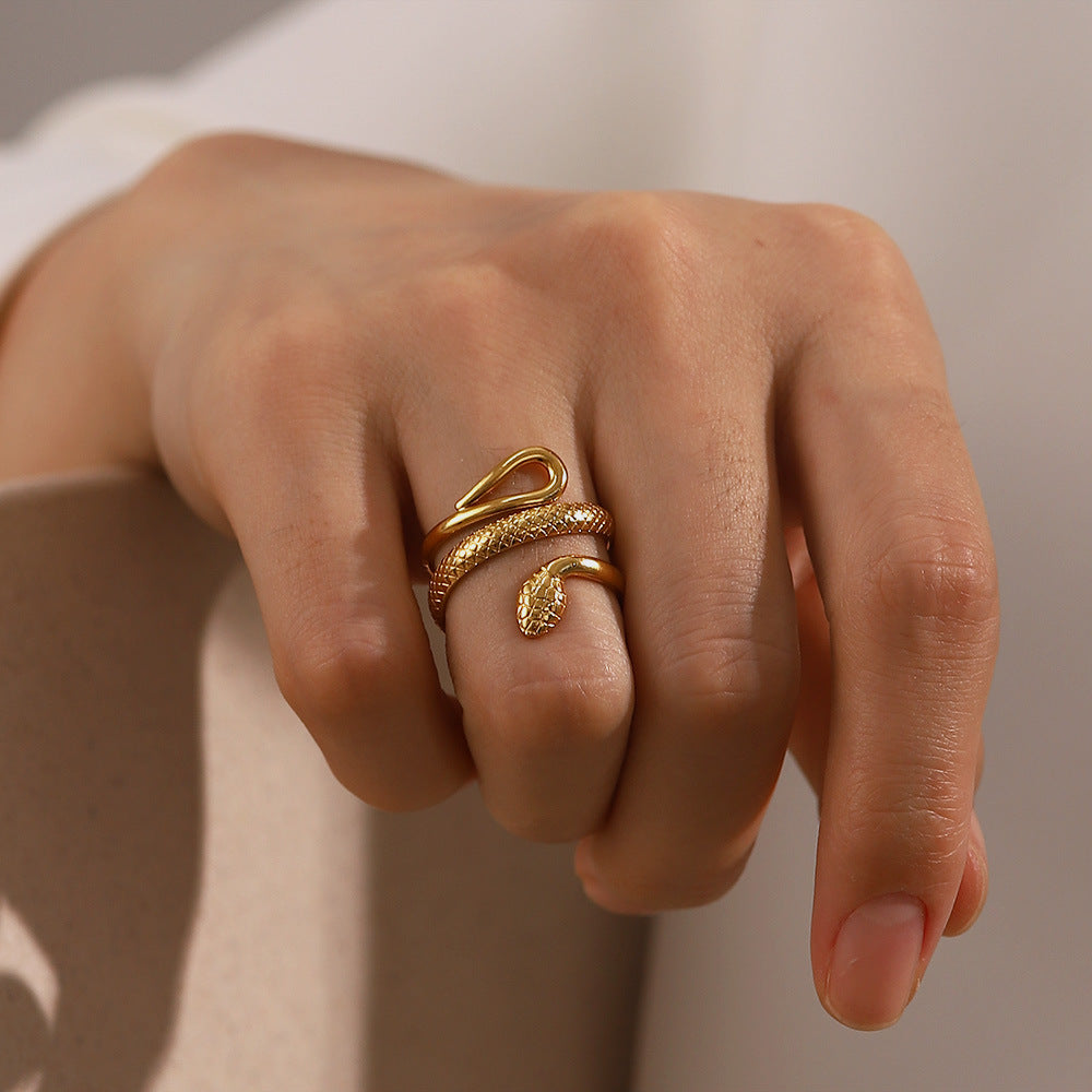 18K gold-plated stainless steel classic texture snake design hollow adjustable ring female fashion titanium steel ring-Mix MIx Style