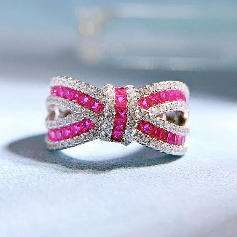 Bow Double Row Purple Cushion Cut Moissanite Diamonds 18k White Gold Engagement Ring | Mix Mix Style-Mix MIx Style