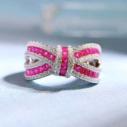 Bow Double Row Purple Cushion Cut Moissanite Diamonds 18k White Gold Engagement Ring | Mix Mix Style-Mix MIx Style