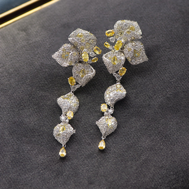 Leafs Embellished Trendy White Moissanite Diamonds Luxury 18k Vermeil Gold Plated Stud/Drop Earrings | Mix Mix Style-Mix MIx Style