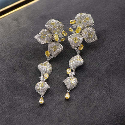 Leafs Embellished Trendy White Moissanite Diamonds Luxury 18k Vermeil Gold Plated Stud/Drop Earrings | Mix Mix Style-Mix MIx Style