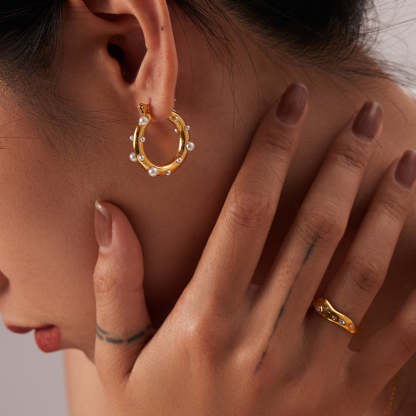 18K Gold Plated Pearl and Moissanites Hoop Earrings | Mix Mix Style [Hot Seller]-Mix MIx Style