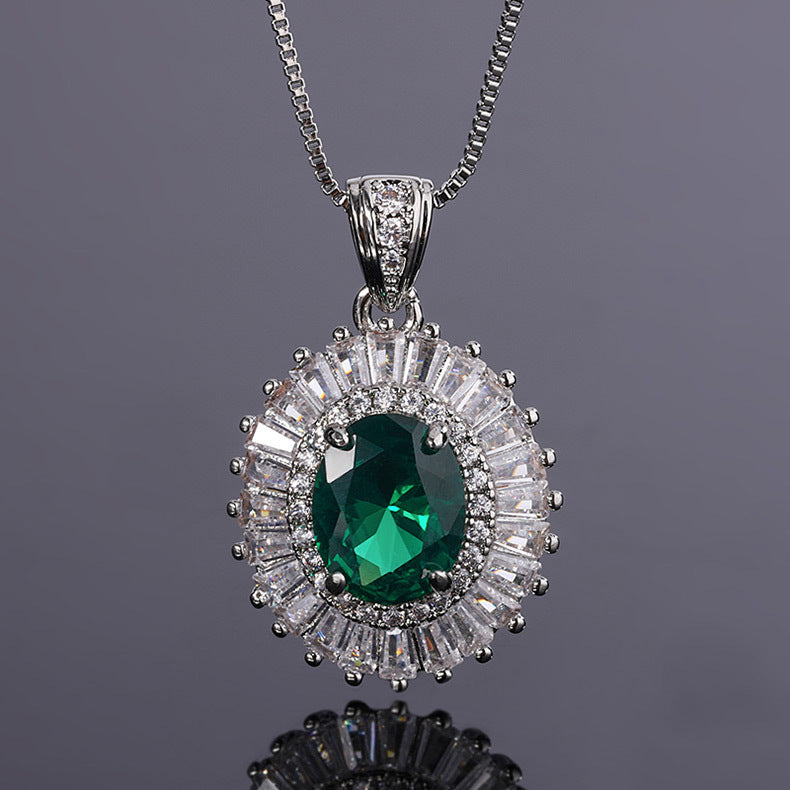 Green & Pink Retro Classic Pendant Oval Diamond Luxury 18k White Gold Plated Necklace Earring Ring Jewelry Set | Mix Mix Style-Mix MIx Style