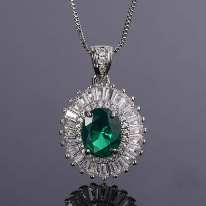 Green & Pink Retro Classic Pendant Oval Diamond Luxury 18k White Gold Plated Necklace Earring Ring Jewelry Set | Mix Mix Style-Mix MIx Style