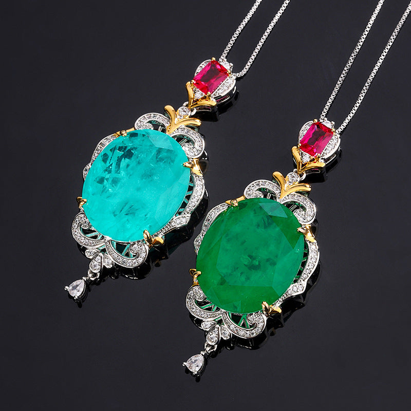 Sea Blue & Green Retro Classic Oval Cut Diamond Luxury 18k Gold Plated Necklace Jewelry | Mix Mix Style-Mix MIx Style