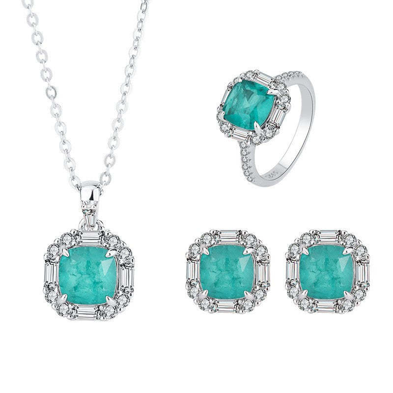 Aquamarine Blue Vintage Pendant Cushion Cut Diamond Luxury 18k White Gold Plated Necklace Earrings Ring Jewelry Set | Mix Mix Style-Mix MIx Style
