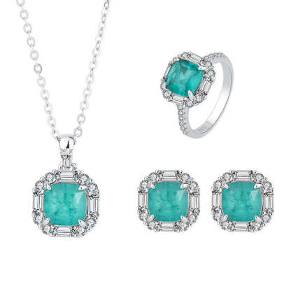 Aquamarine Blue Vintage Pendant Cushion Cut Diamond Luxury 18k White Gold Plated Necklace Earrings Ring Jewelry Set | Mix Mix Style-Mix MIx Style