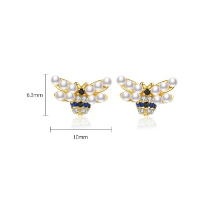 Bee Shaped Akoya Pearls & Moissanite Diamonds  18k Vermeil Gold Plated Vintage Stud Earrings | Mix Mix Style-Mix MIx Style