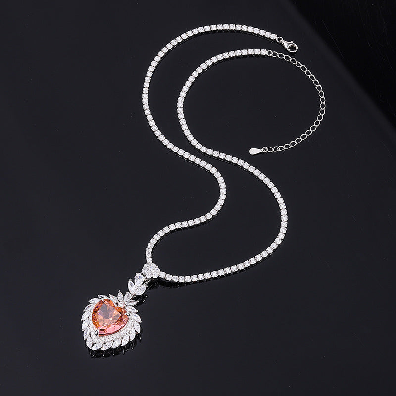 Douyin's best-selling style, elegant and dignified high-carbon diamond ring Padparadscha heart-shaped ring pendant set S925 silver-Mix MIx Style