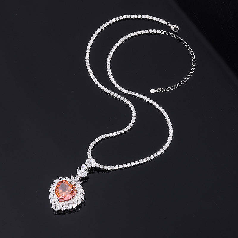 Douyin's best-selling style, elegant and dignified high-carbon diamond ring Padparadscha heart-shaped ring pendant set S925 silver-Mix MIx Style