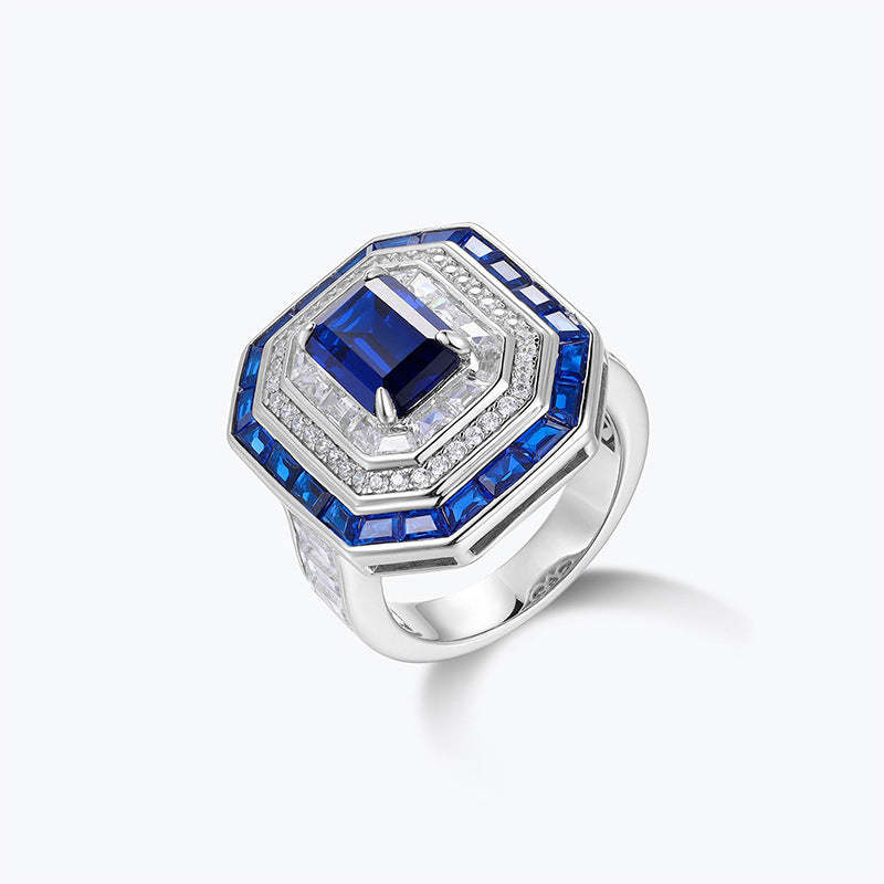 Vintage Royal Blue Emerald Cut Moissanite Diamond 4ct 18k White Gold Engagement Ring | Mix Mix Style-Mix MIx Style