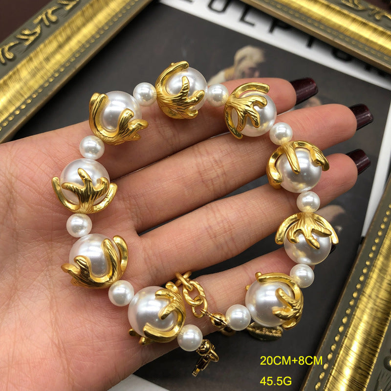 Vintage White Akoya Pearls Elegant 18k Gold Plated Necklace Earring Bracelet Jewelry Set | Mix Mix Style-Mix MIx Style