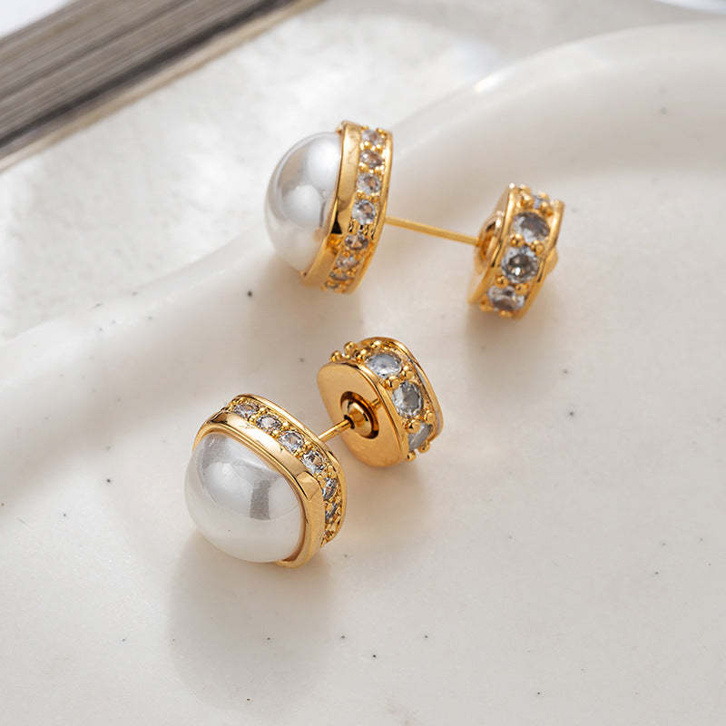 Light luxury pearl earrings, feminine, high-end, fashionable diamond-encrusted earrings, 2024 new French retro earrings-Mix MIx Style