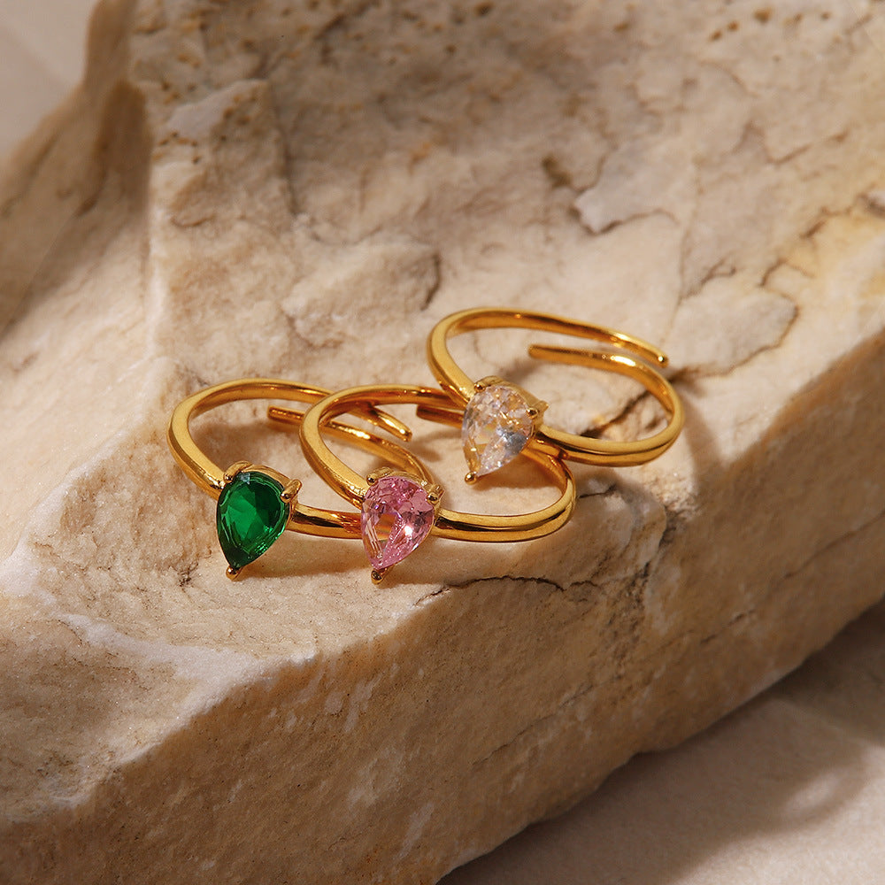 INS French fine titanium steel ring 18K gold white/green/pink teardrop-shaped zircon adjustable ring-Mix MIx Style