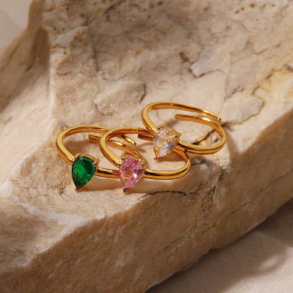INS French fine titanium steel ring 18K gold white/green/pink teardrop-shaped zircon adjustable ring-Mix MIx Style