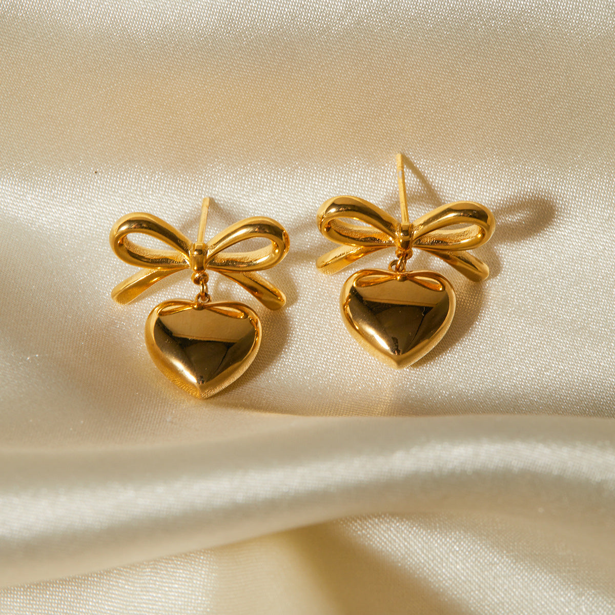 Bow & Heart Glossy Shaped Trendy Elegant 18k Vermeil/White Gold Plated Drop Earrings | Mix Mix Style-Mix MIx Style