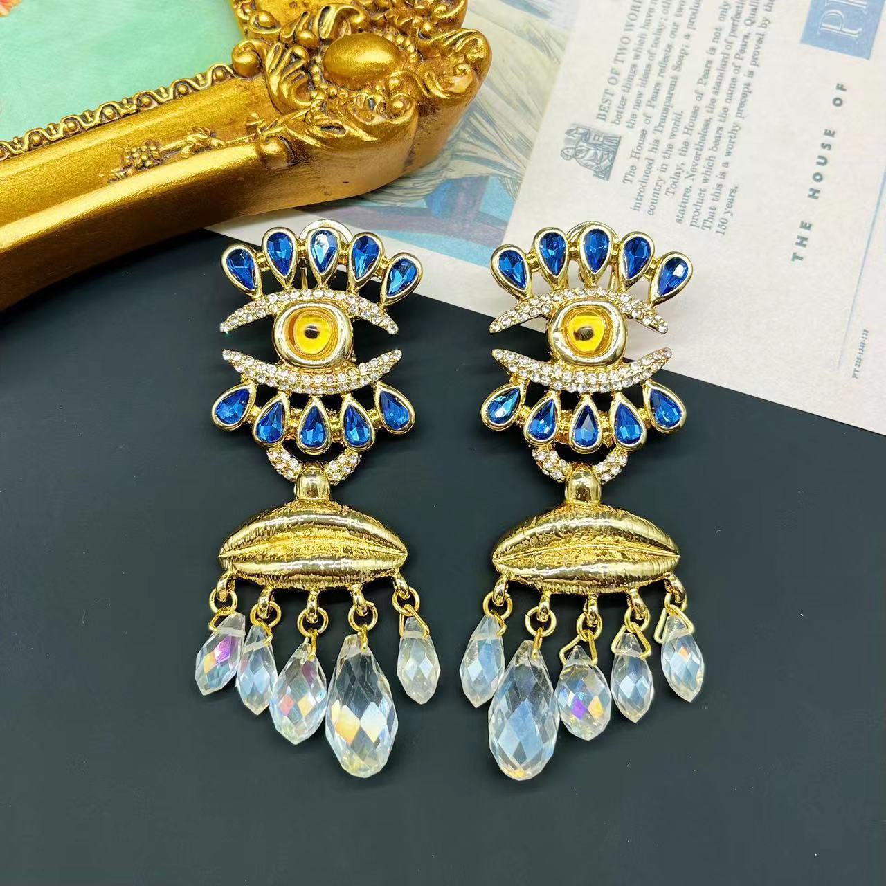 Embellished Devil's Eye Tassel Moissanite Diamonds 18k Vermeil Gold Plated Vintage Drop Earrings | Mix Mix Style-Mix MIx Style