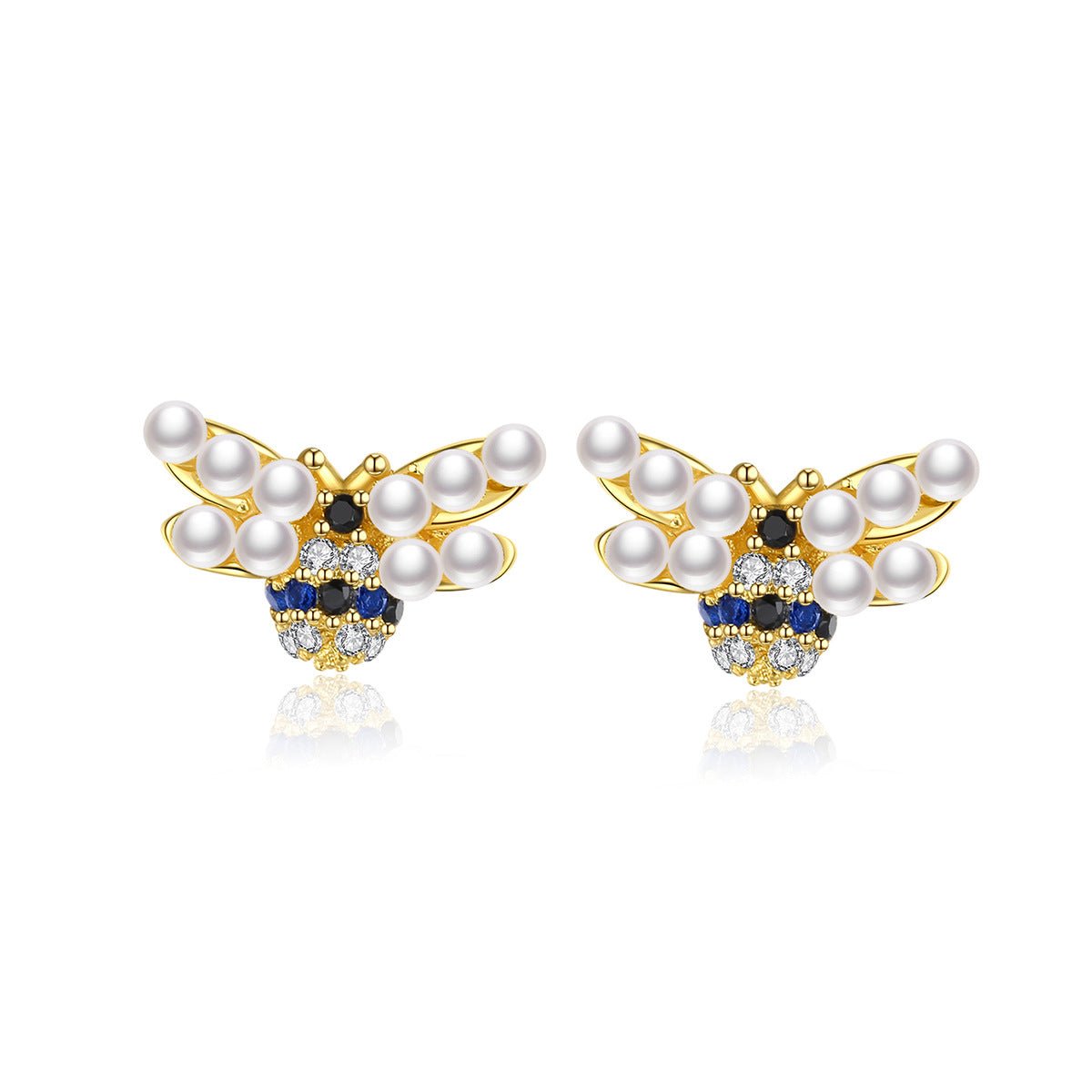 Bee Shaped Akoya Pearls & Moissanite Diamonds  18k Vermeil Gold Plated Vintage Stud Earrings | Mix Mix Style-Mix MIx Style
